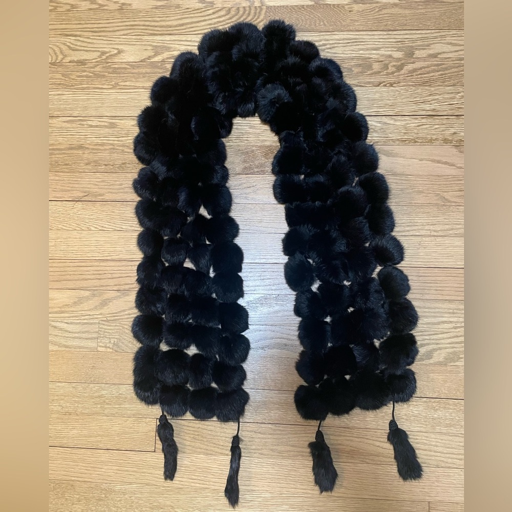Genuine Rabbit Fur Pom Pom Double Sided Warm Soft Cute Versatile Scarf - 5’ Long